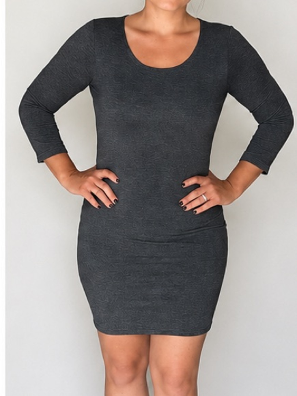 Forever 21 Charcoal Gray Scoop Neck Bodycon Dress - Long Sleeve